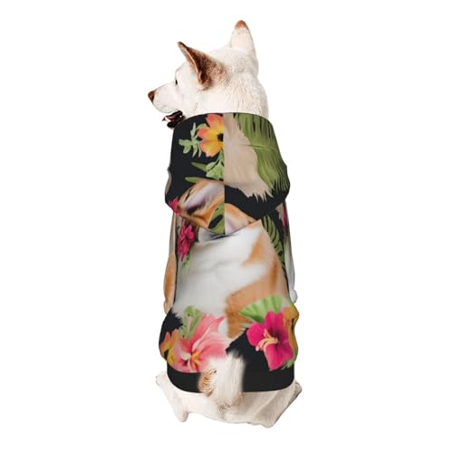 Kapuzenpullover für kleine Haustiere, tropische Blumen und Corgi, weich und atmungsaktiv, fusselt nicht leicht von ESASAM