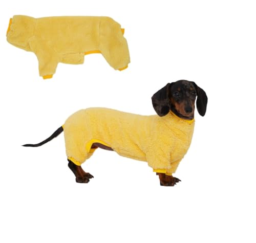 Fleece-Overall mit Dackel-Motiv, Rollkragenpullover, geeignet für Dackel, Winter, weich, gemütlich, Hunde-Pyjama, Kleidung (Gelb, Größe XS) von ESCCBOO