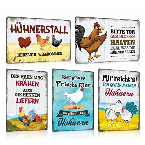 5er Set Hühner Blechschild mit Lustig Spruch - Vintage Hühnerstall Huhn Hahn Eier Metall-Schild - Shabby Chic Schild Hühner Deko Geschenk als Hühnerstall Zubehör 20x30cm von ESFIVHO