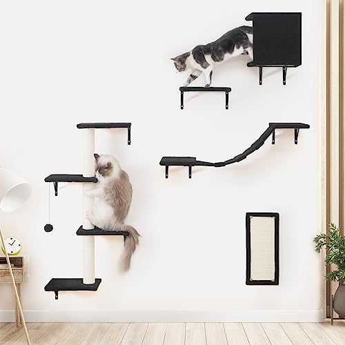 5-teiliges Katzenkletter-Set zur Wandmontage, modernes Holz-Katzenmöbel, Katzenwandregale enthält ein Katzenhaus, eine Katzenbrücke, eine Katzenspringplattform und einen Kratzer, schwarz 5-teiliges Katzenkletter-Set zur Wandmontage, modernes Holz-Katzenmöbel, Katzenwandregale enthält ein Katzenhaus, eine Katzenbrücke, eine Katzenspringplattform und einen Kratzer, schwarz von ESOTTE
