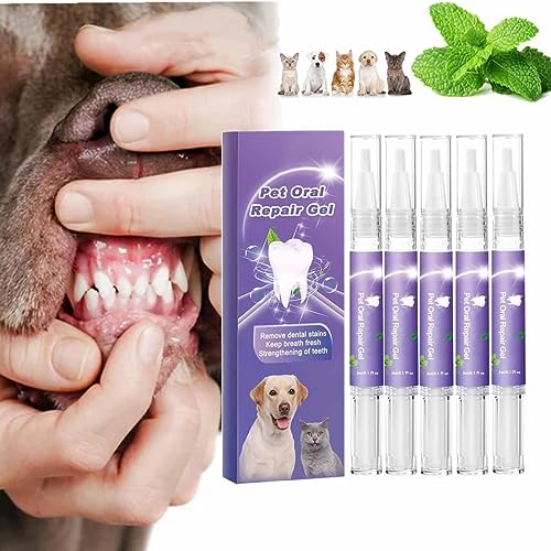 ESPRY Pet Oral Repair Gel Pen, Haustier Oral Wiederherstellung Whitening Gel, Pet Brush Free Oral Gel für Haustiere, Pet Teeth Oral Care Gel für die Beseitigung von Mundgeruch (5PC) von ESPRY