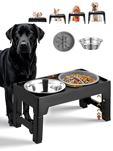 2-in-1 Erhöhte Slow Feeder Hundenäpfe mit Kein Verschütten Hund Wassernapf 4 Höhenverstellbar Erhöhter Hundenapf Rutschfest Hundefutter und Wassernäpfe mit Ständer für Kleine Mittlere Große Hunde, von ET-BOTHOH