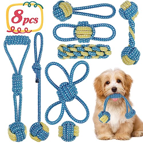 ETACCU Hundespielzeug Hund Seil Spielzeug, 8 Stück Hunde Spielzeug Set für Kleine Hunde, Hundespielzeug Intelligenz, 100% Baumwolle Unzerstörbar Hundespielzeugseil, Welpen Spielzeug (Blau) von ETACCU