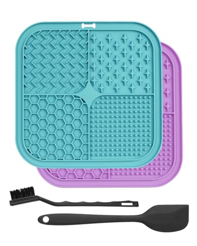 ETIALURE 2 Stück Schleckmatte Hund Gross, BPA-freie Slow Feeding Leckmatte Hund mit Saugnapf für Linderung von Angstzuständen (Lila & Blau, 20cm × 20cm) von ETIALURE