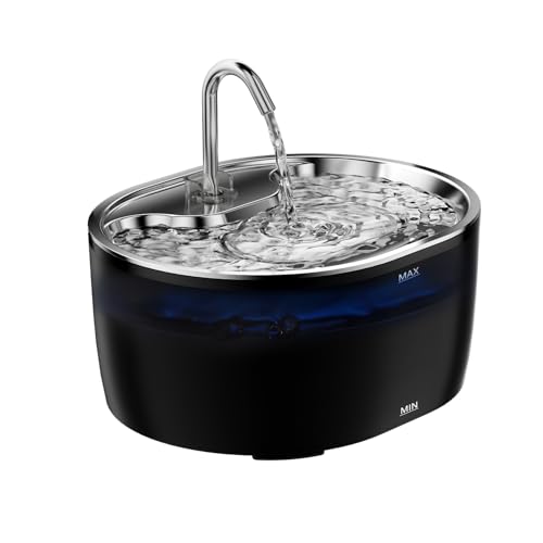 Edelstahl Katzenbrunnen Trinkbrunnen mit LED-Licht,3.2L,Ultra-Leise,Wasserspender Fountain USB-Stromversorgung,Wasserbrunnen Aktivkohle,Mehrstufige Filtration(Dark Gery) von EUARY