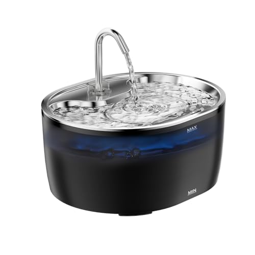 Edelstahl Katzenbrunnen Trinkbrunnen mit LED-Licht,3.2L,Ultra-Leise,Wasserspender Fountain USB-Stromversorgung,Wasserbrunnen Aktivkohle,Mehrstufige Filtration(Light Black) von EUARY