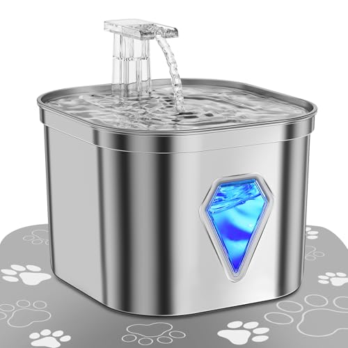 Edelstahl katzenbrunnen trinkbrunnen mit LED-Licht,2.5L,Ultra-Leise,wasserspender Fountain USB-Stromversorgung wasserbrunnen und Aktivkohle, 5-stufige Filtration (Dark Sliver) von EUARY
