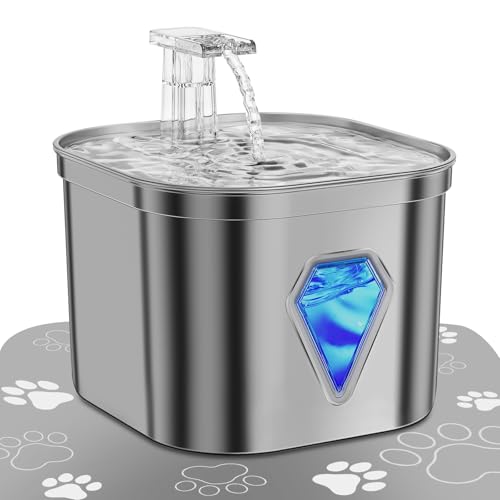 Edelstahl katzenbrunnen trinkbrunnen mit LED-Licht,2.5L,Ultra-Leise,wasserspender Fountain USB-Stromversorgung wasserbrunnen und Aktivkohle, 5-stufige Filtration (Grey, Black) von EUARY