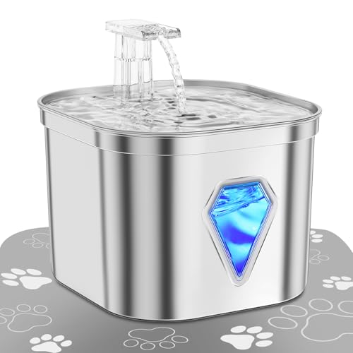 Edelstahl katzenbrunnen trinkbrunnen mit LED-Licht,2.5L,Ultra-Leise,wasserspender Fountain USB-Stromversorgung wasserbrunnen und Aktivkohle, 5-stufige Filtration (Light Sliver) von EUARY