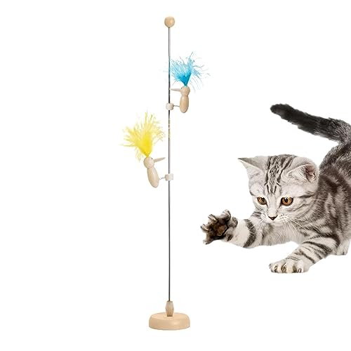 EUBEISAQI Katzen-Teaser-Spielzeug - Federkatzen-Zauberstab mit Holzboden - Multifunktionales Stahlstangen-Trainingsspielzeug, Federn, austauschbar, für Kätzchen, Haustiere, Katzen, Tierhandlung von EUBEISAQI