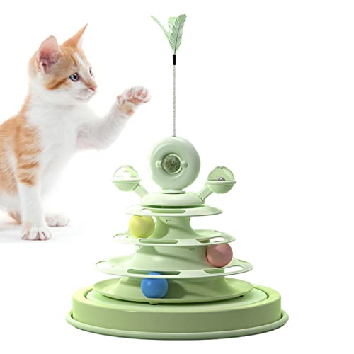 EUBEISAQI Turntable Ball Katzenspielzeug,360 ° drehbare Katzenspielzeug-Kugelbahn - 4-stufiges rotierendes Windmühlen-Katzenrollenspielzeug mit Katzenfeder-Teasern und Katzenminze für Heimkätzchen von EUBEISAQI