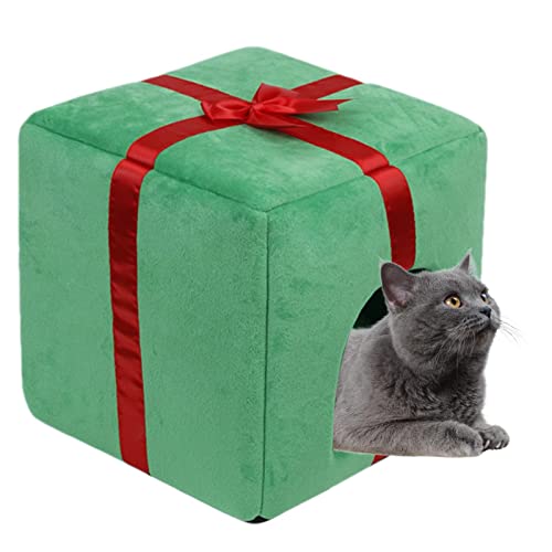 Weihnachtskatzenbett für Hauskatzen, Süßes Katzenzelt mit abnehmbarem, waschbarem, gepolstertem Kissen, Freistehendes Geschenkbox-förmiges Haustierbett für Katzen und Hunde im Innenbereich, Eubeisaqi von EUBEISAQI