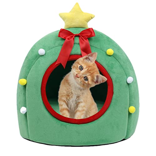 Weihnachtskatzenbett für Hauskatzen - Geschlossene Katzenhütte mit abnehmbarem, waschbarem, gepolstertem Kissen,Dekoratives freistehendes Katzenhöhlenbett für kleine Hunde und Katzen, Eubeisaqi von EUBEISAQI