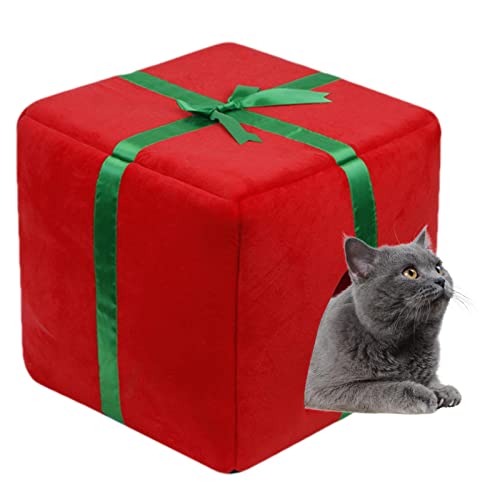 Weihnachtskatzenbett für Hauskatzen | Halbgeschlossenes Haustierhaus mit abnehmbarem, waschbarem Kissen | Freistehendes Geschenkbox-förmiges Haustierbett für Katzen und Hunde im Eubeisaqi von EUBEISAQI