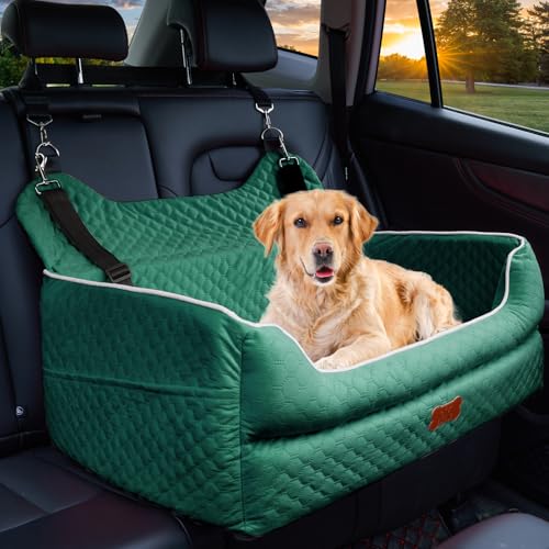 Hunde-Autositz für große/mittelgroße Hunde – Memory-Foam-Hundeerhöhung für unter 25 kg oder 2 kleine Hunde, abnehmbares und waschbares Reisebett mit dickem Kissen und Aufbewahrungstaschen, Grün von EUHAMS