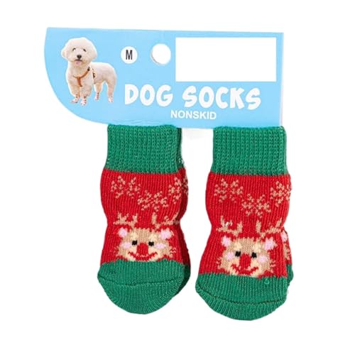 4 Paar Weihnachts-Hundesocken mit rutschfesten Griffen, warmes Rentier- und Schneemann-Muster, schmutzabweisende Pfotenschutz für kleine Hunde, ältere Haustiere und Teddys (014 m Code) von EUIYCBA
