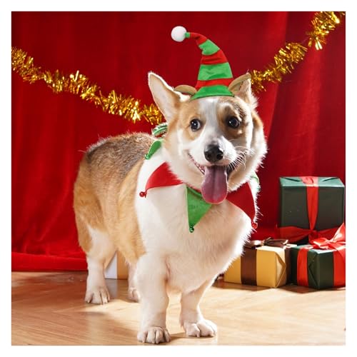 Weihnachtliches Haustier-Elfen-Kostüm-Set, verstellbare Hunde- und Katzenelfenmütze mit Glocke und Schal, festliche Verkleidung für Silvesterparty, Foto-Requisiten für kleine bis mittelgroße Haustiere von EUIYCBA
