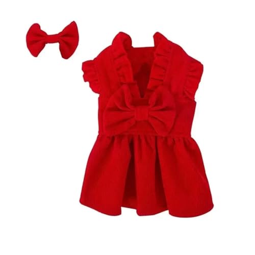 Weihnachtliches Prinzessinnen-Hundekleid mit Schleife, warmer Winter-Teddybär-Welpenkleid für kleine Hunde, einfarbig, Haustier-Partykleid mit Haarspange für Chihuahua, Zwergspitz, Größe S/M, rotes von EUIYCBA