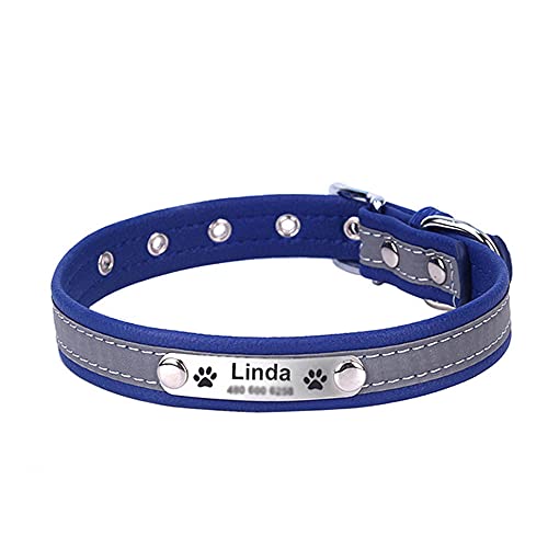 EUSFIYY Einstellbare personalisierte Hundehalsbänder PU Leder reflektierende Hunde Katzenhalsband ID Benutzerdefiniertes Etikett Graviertes Haustier Accessorie-Blue_XXL von EUSFIYY