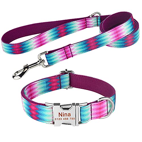 EUSFIYY Halsband Set Hundeleine Benutzerdefinierte Hundehalsbänder Nylon Personalisierte Hundemarke Halsband Blei für kleine mittelgroße Hunde-Purple_Set_L von EUSFIYY