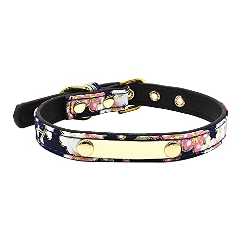EUSFIYY Hunde-ID-Halsband-Blumenmuster Personalisiertes Welpen-Tag-Halsband Benutzerdefinierter Kosename und Telefonnummer Gravur für kleine mittlere Hunde-Black_XS von EUSFIYY
