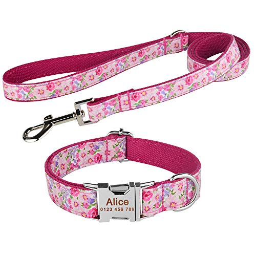EUSFIYY Hundehalsband Personalisiert Gravierter ID-Name Reflektierendes Nylon XS-L Hundehalsband Leinen-Set ID-Name Telefonnummer Tag-Pink_Dog_Collar_S_ von EUSFIYY