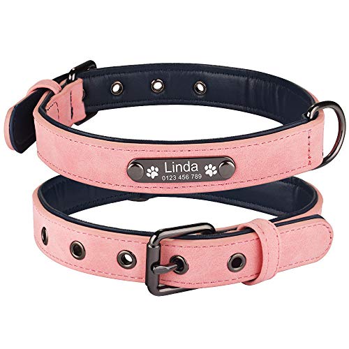 EUSFIYY Leder personalisierte Hundehalsbänder Hundehalsband mit ID-Tags Einstellbare Größe Groß Mittel Klein Hundewelpen-Pink_M_ von EUSFIYY