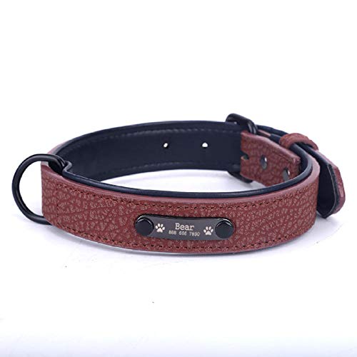 EUSFIYY Personalisiertes Haustierhalsband aus strapazierfähigem Leder Welpennamenschild Verstellbare Gravur Basic Leder Katzenhundehalsbänder-Brown_Collar_M_ (27-34cm) von EUSFIYY