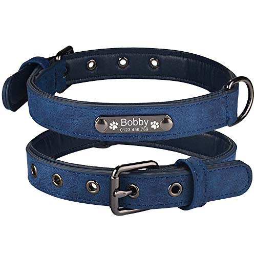 EUSFIYY Personalisiertes Hundehalsband aus Leder   Gravierter Name ID Welpenhalsband Tags Tierbedarf Hundehalsband -Blau_mit_Name_L_47-58cm_ von EUSFIYY