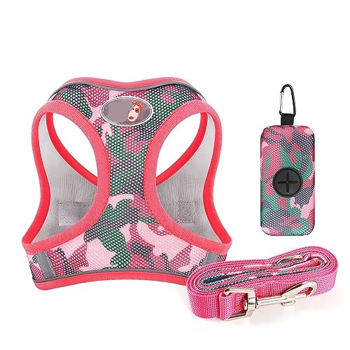 Hundegeschirr-Leine mit Kotbeutelspender-Set, reflektierendes Geschirr für Welpen und Katzen, Weste, Mops, Chihuahua, Laufleine (Rot M) von EUTYRG