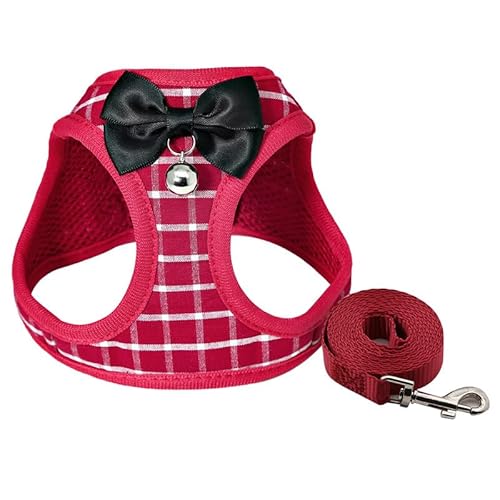 Modisches Katzengeschirr und Leinen-Set mit Anker-Motiv, Verstellbarer Brustgurt, Weste mit Glöckchen, Schleife, Laufleine (Rot kariert, L) von EUTYRG