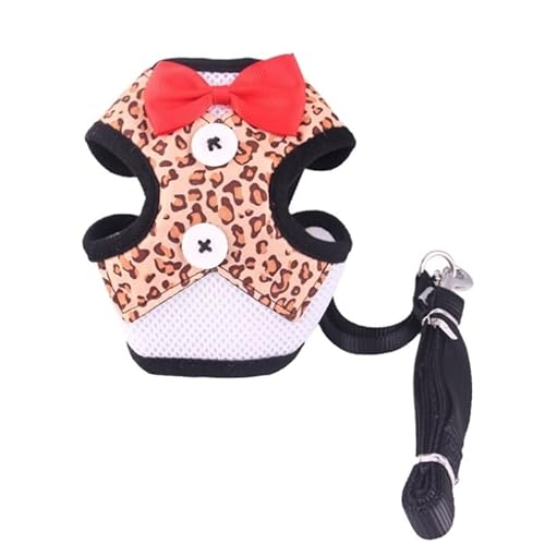 Verstellbares Hunde- und Katzengeschirr, Leine, Krawatte, weiches, atmungsaktives Netzgewebe, Elegantes Halsband mit Schleife, Zugseil für Kätzchen, Welpen, Haustiere (Leopard S) von EUTYRG