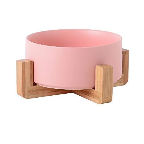 EUYIMOMO futternapf Katze,Keramik Doppelschüssel Haustier Schüssel, Holzständer Haustier Schüssel-rosa Medium + Holzständer von EUYIMOMO