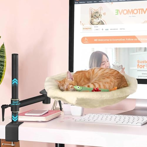 EVOMOTIVE Deskside Dreamer Katzen-Schreibtischbett, kommt mit 2 waschbaren Stoffen: Mesh und Plüsch, Jahreszeiten, 360° drehbar und höhenverstellbar [Beige] Maximales Gewicht 13,6 kg von EVOMOTIVE