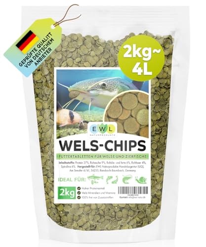 EWL Naturprodukte Wels Futtertabletten 2kg (ca. 4ltr.) XXL Pack, Welsfutter, Wels Chips mit Spirulina, Fischfutter Aquarium, Welstabletten, geprüfte Qualität von deutschem Anbieter von EWL Naturprodukte