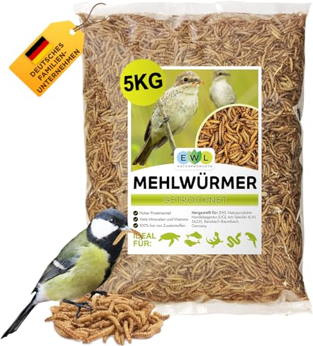 EWL Naturprodukte Mehlwürmer getrocknet 5kg (32,5 ltr). Insektensnack Vögel, Fische, Schildkröten, Nager, Igel, Reptilien, Vogelfutter Wildvögel Ganzjährig Eichhörnchen Futter Hamsterfutter Igelfutter von EWL Naturprodukte