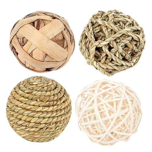 EXAOMBLE 4 Stück Hamster-Takraw-Ball- Meerschweinchen Kauspielzeug für die Zähne Heugraskugeln Igelball Hamster nager Hamsterball groß Hasenkauspielzeug Stroh von EXAOMBLE