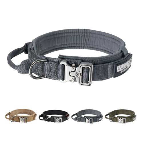 EXCELLENT ELITE SPANKER Taktisches Hundehalsband Nylon Verstellbares Trainingshalsband Heavy Duty Metallschnalle mit Kontrollgriff für mittlere und große Hunde mit Patches(Gry-M) von EXCELLENT ELITE SPANKER