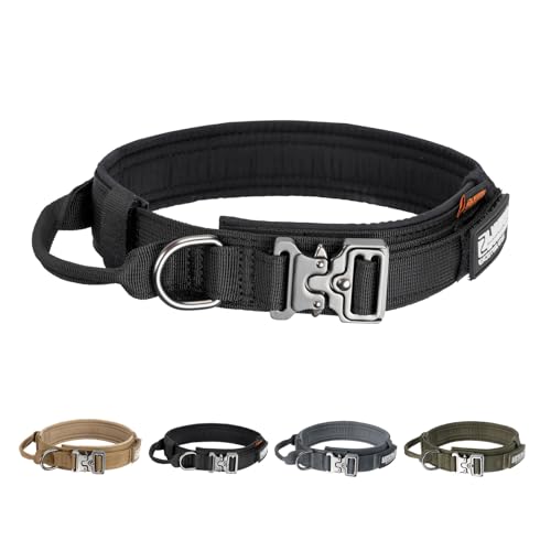 EXCELLENT ELITE SPANKER Taktisches Hundehalsband Nylon Verstellbares Trainingshalsband Heavy Duty Metallschnalle mit Kontrollgriff für mittlere und große Hunde mit Patches(BLK-L) von EXCELLENT ELITE SPANKER
