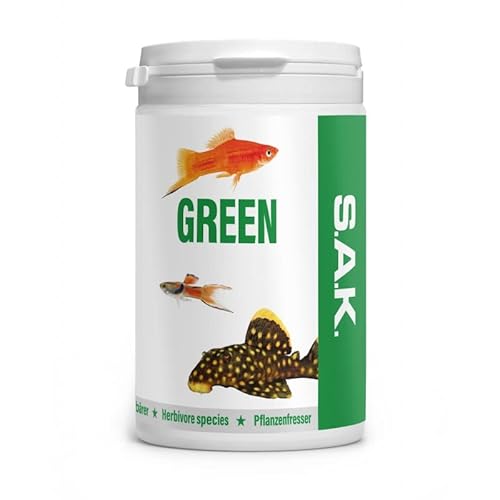 S.A.K. Green - Alleinfuttermittel für alle Zierfischarten, die einen Anteil an pflanzlichen Komponenten verlangen. Granulat 130 g (300 ml) Granulatgröße 4 Körnung 2.8-3.5 mm - Fischgröße >13 cm von EXOT HOBBY