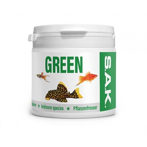 S.A.K. Green - Alleinfuttermittel für alle Zierfischarten, die einen Anteil an pflanzlichen Komponenten verlangen. Granulat 75 g (150 ml) Granulatgröße 00 Körnung 0.01 - 0.4 mm - Fischgröße 1 - 2 cm von EXOT HOBBY