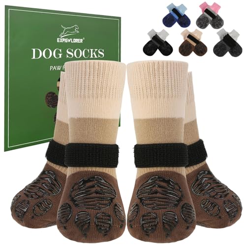 EXPAWLORER 2 Paar Hundesocken Anti-Rutsch doppelseitig zum Leckschutz mit verstellbaren Riemen für den Innenbereich, rutschfeste Hunde Socken Pfotenschutz Hund Verletzung Hundeschuhe, Khaki L EXPAWLORER 2 Paar Hundesocken Anti-Rutsch doppelseitig zum Leckschutz mit verstellbaren Riemen für den Innenbereich, rutschfeste Hunde Socken Pfotenschutz Hund Verletzung Hundeschuhe, Khaki L von EXPAWLORER