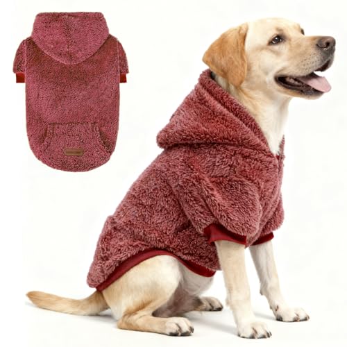EXPAWLORER Fuzzy Sweaters, doppelseitiger Plüsch-Fleece, weicher Hunde-Kapuzenpullover – Wintermantel, Sherpa-Kapuzen-Sweatshirt für kleine bis große Hunde (Maroon L) von EXPAWLORER