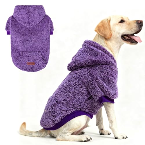 EXPAWLORER Fuzzy Sweaters, doppelseitiger Plüsch-Fleece-Hunde-Kapuzenpullover – Wintermantel, Sherpa-Kapuzen-Sweatshirt für kleine bis große Hunde (Lila, XL) von EXPAWLORER