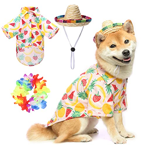 EXPAWLORER Hawaii-Hunde-T-Shirt-Set – Sommer-Kleidung mit Strohhut und Girlande für kleine, mittelgroße und große Hunde von EXPAWLORER