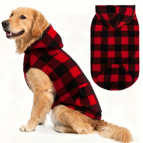 EXPAWLORER Hunde-Kapuzenpullover aus Fleece, kariert, für Herbst und Winter, Haustierkleidung mit Loch für die Leine, ärmellos, warm, gemütlich, Welpenbekleidung für Katzen, kleine, mittelgroße und von EXPAWLORER
