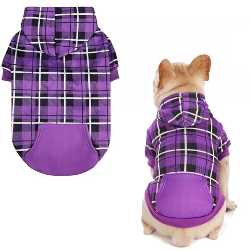 EXPAWLORER Hunde-Kapuzenpullover mit Karomuster, britischer Stil, warmer Hundepullover mit Loch für die Leine, Pitbull-Kleidung, Wintermantel, Bekleidung für alle Rassen, Welpen, Mädchen, Jungen von EXPAWLORER