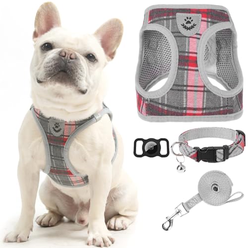 EXPAWLORER Hundegeschirr-Set mit Halsband, Leine und AirTag-Halterung, für kleine Hunde, kariert, weich gepolstert, mit Einstieg, kein Ziehen, reflektierend, für draußen, Grau, Größe M von EXPAWLORER