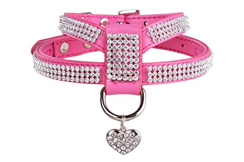 EXPAWLORER Hundegeschirr aus echtem Leder, weich gepolstert, glitzernde Strass-Weste mit Herz-Anhänger, für Welpen, Katzen, Rosa von EXPAWLORER
