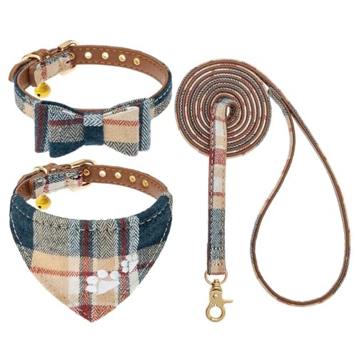 EXPAWLORER Stickerei Hundehalsband mit Leine - Verstellbarer Hundehalsband und Leine Set, weicher schöner Hundehalsband mit Tuch und Schleife, modernes Design ideal für Katzen und Hunde, Kaki S/M von EXPAWLORER